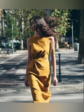 Zara Mustard Twist-Waist Midi Dress